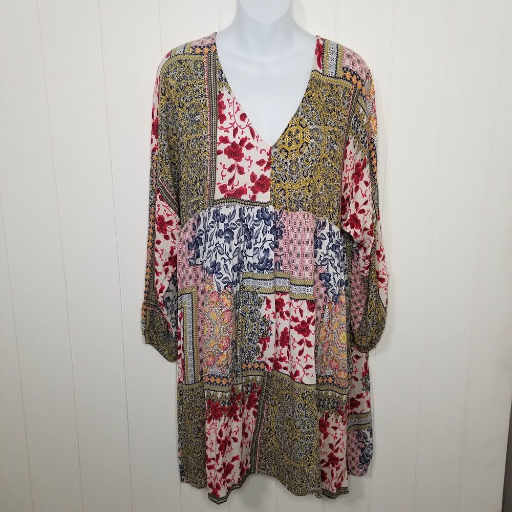 Velzera Dress Women's 1X Boho Artsy Floral Bell Sleeve Casual